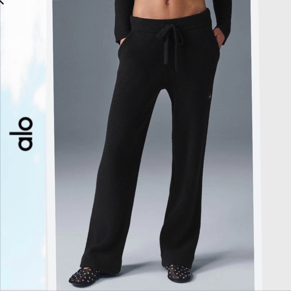 Alo Yoga Snuggle Up Sweater High Waist Wide Leg Pants Size Medium Black Ribbed